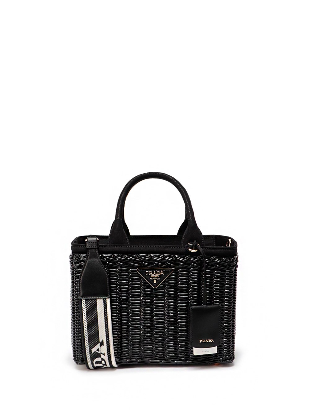 Prada Wicker And Canvas Tote Bag In Nero ModeSens