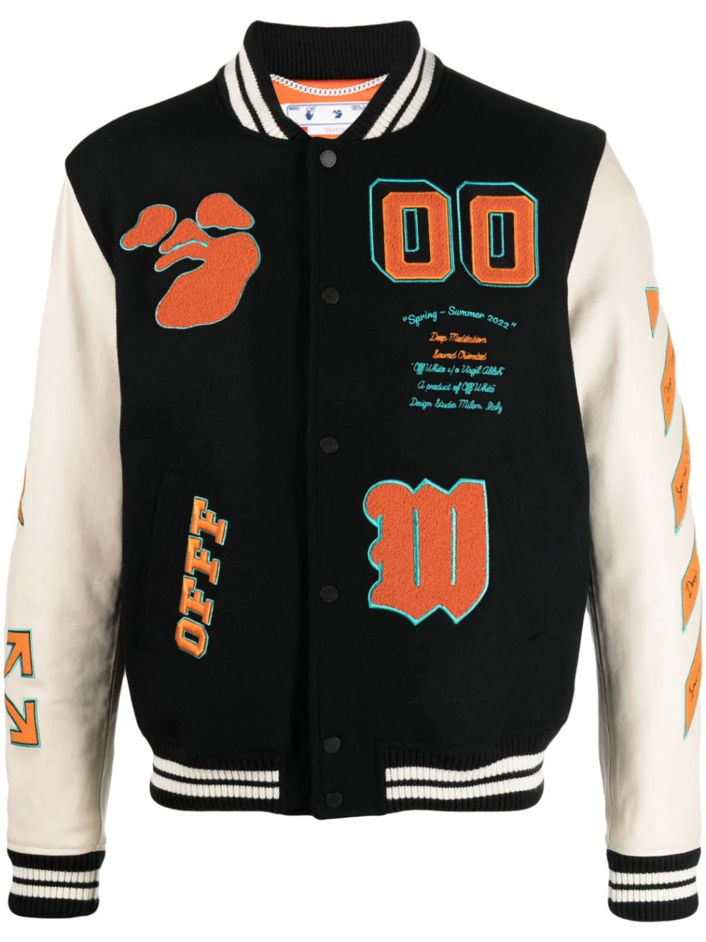 Off-white `graphics` Leather Varsity Jacket In Black Orange | ModeSens