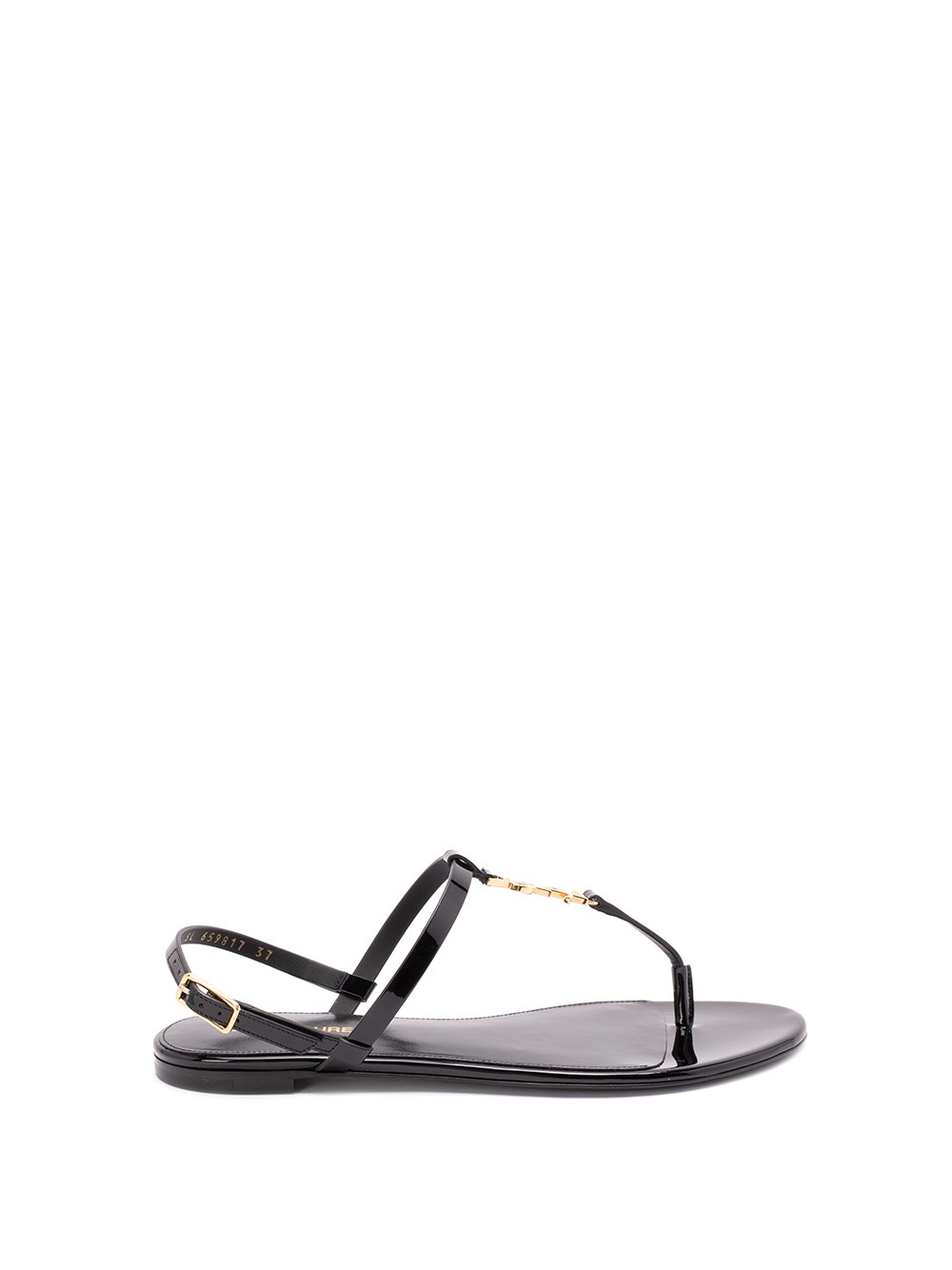 Saint Laurent Black Cassandra Flat Sandals In Crocodile-embossed Leather With Gold-tone Monogram In Nero