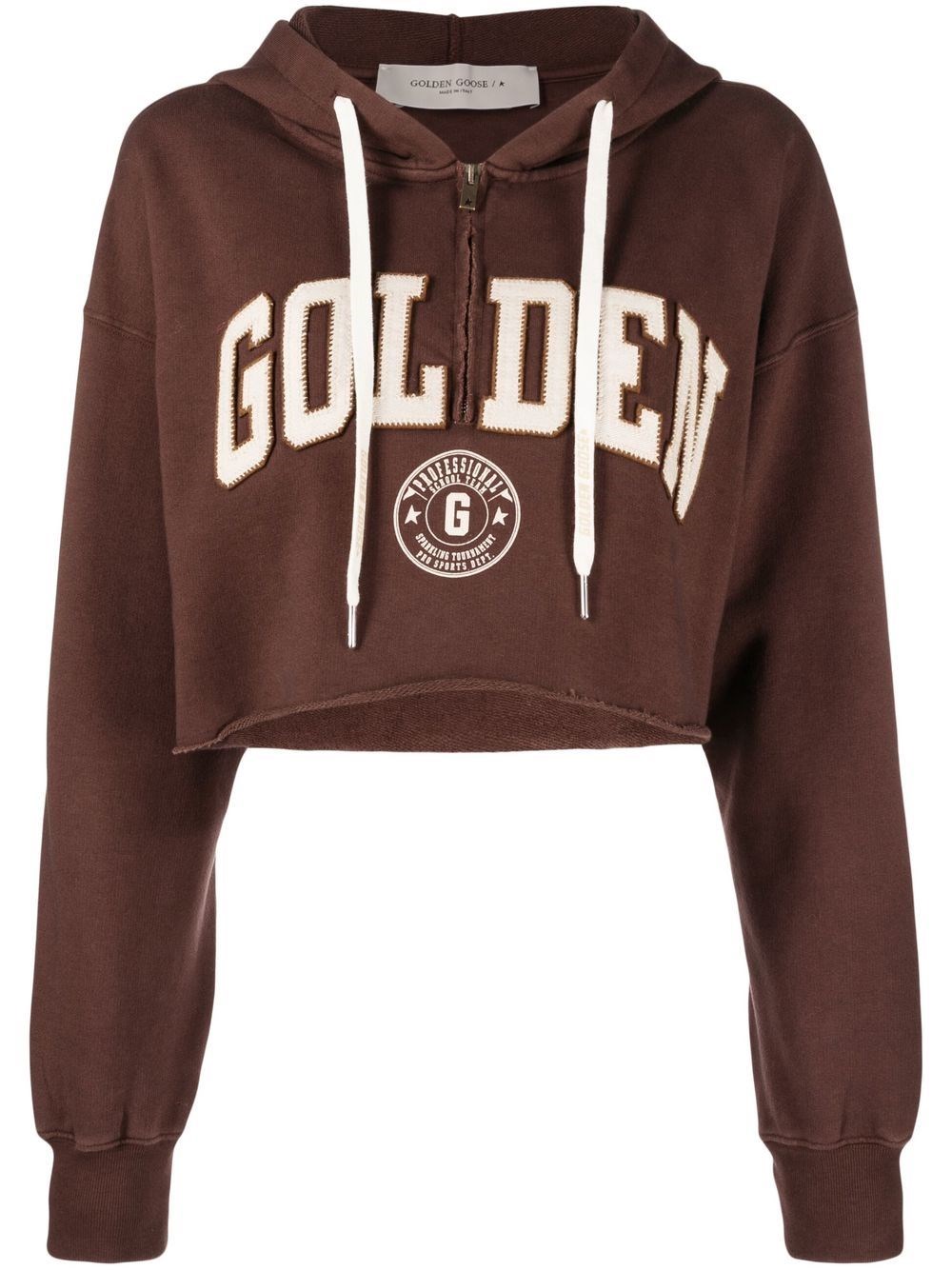 Golden Goose Logo Cropped Half-zip Cotton Hoodie In Marrone