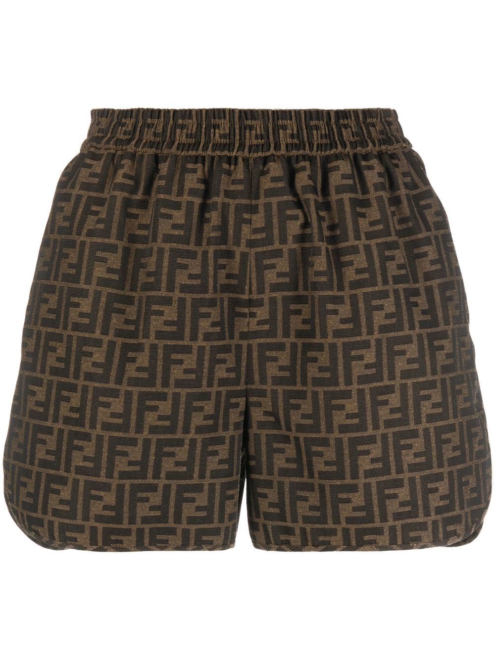Fendi Logo Jacquard Canvas Shorts In Marrone