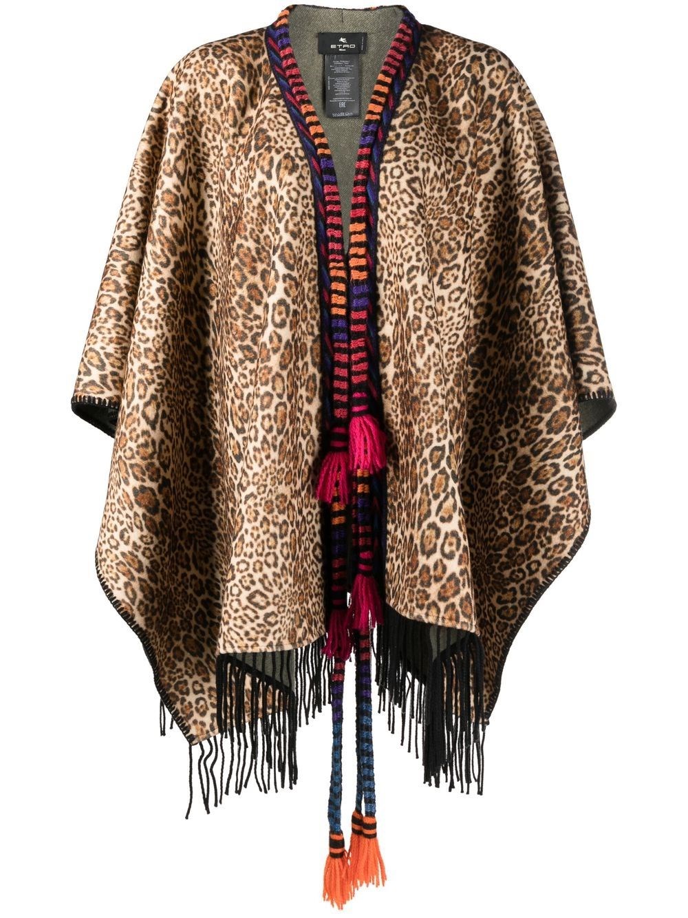Etro Leopard Print Fringe Wool Poncho In Multi