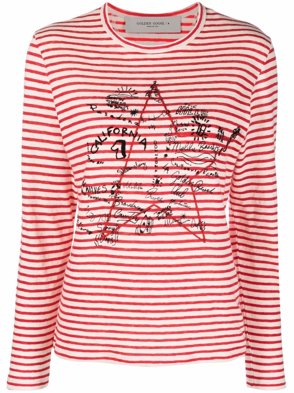 Shop Golden Goose `golden` Striped Long Sleeve T-shirt With Embroidery In Beige