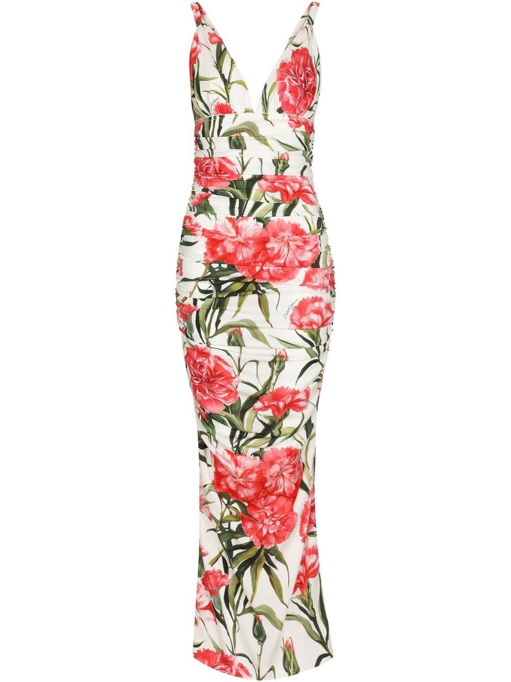 Dolce & Gabbana Carnation Print Charmeuse Midi Dress In Bianco