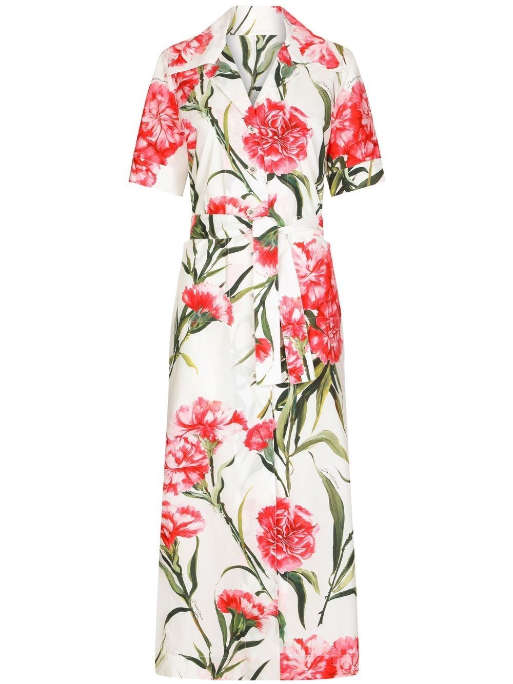 Dolce & Gabbana Belted Floral-print Cotton-poplin Midi Shirt Dress In Bianco