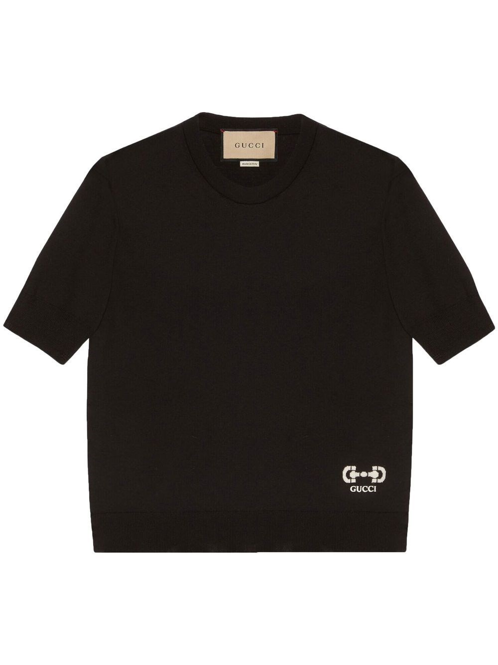 Shop Gucci Knit Crew-neck Short Sleeve Sweater With `horsebit` Intarsia In Nero