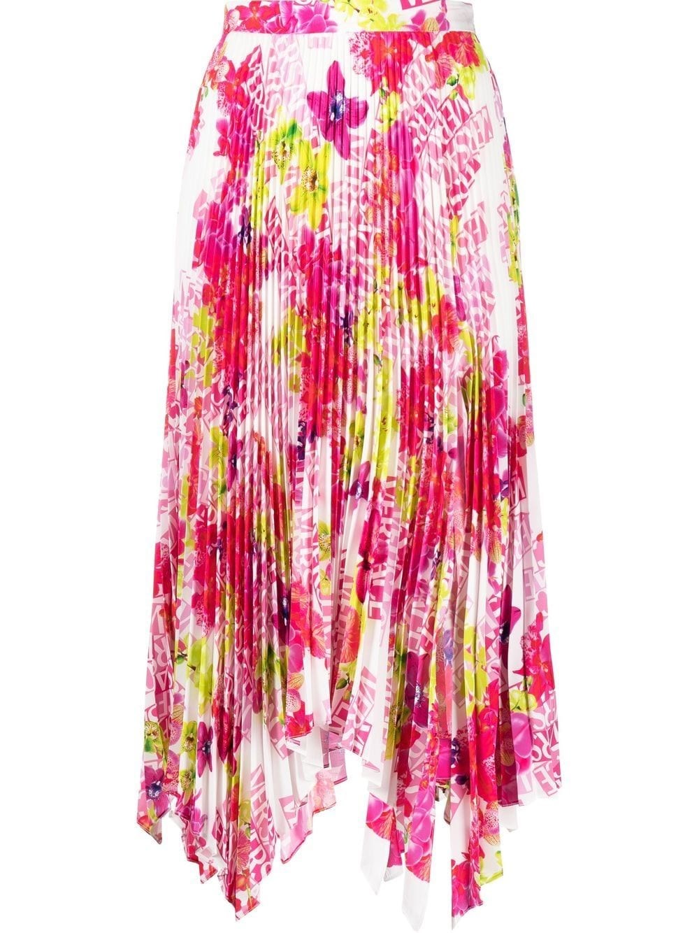 Versace Orchid Print Pleated Crepe Midi Skirt In Multi