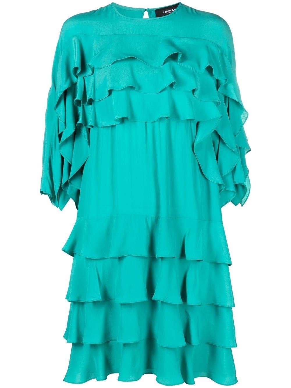 Rochas Ruffle Detail Pleated Asymmetric Dress In Verde