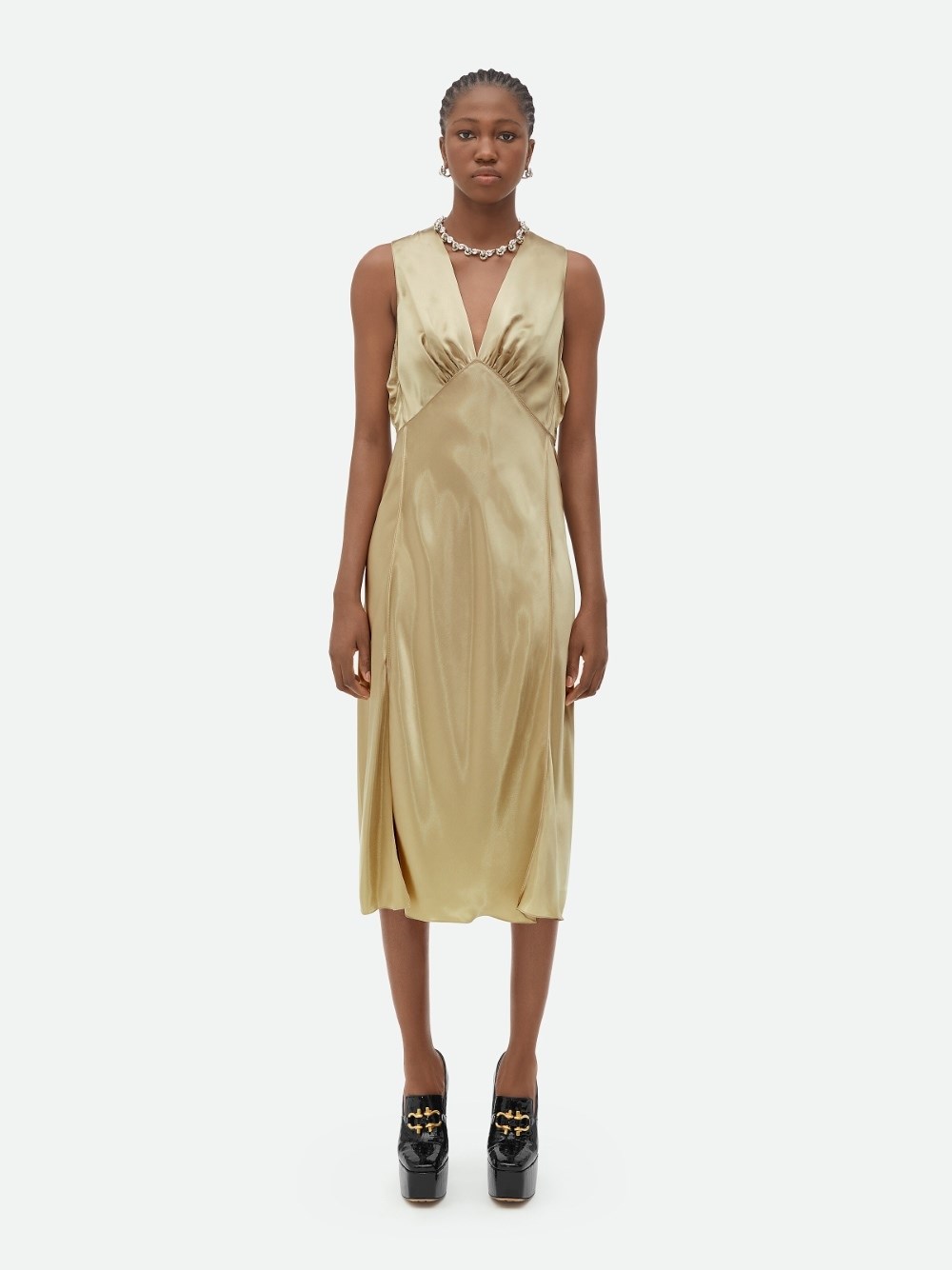 Bottega Veneta Fluid Satin Midi Dress In Metallic
