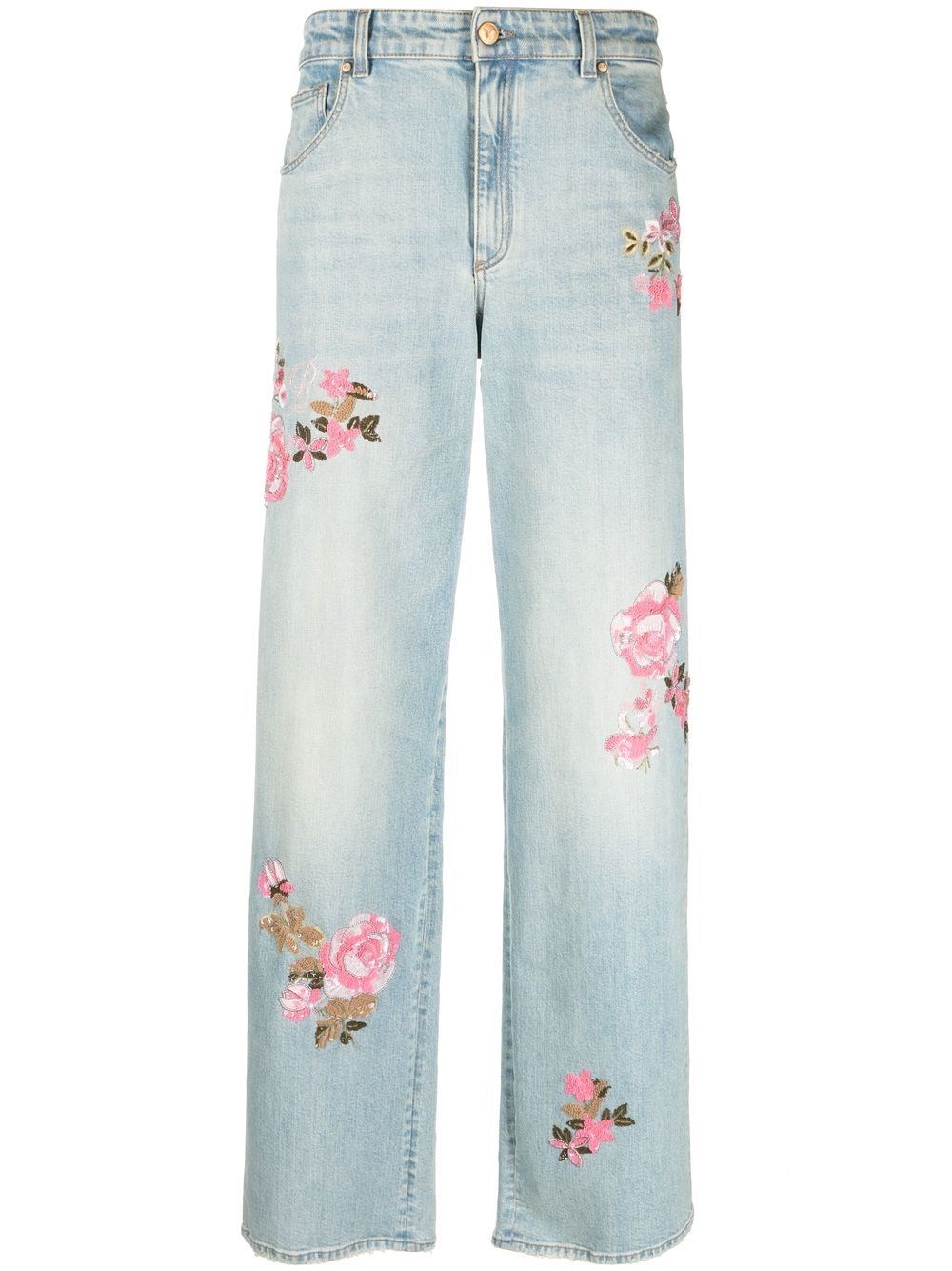 Floral Embellished Wide Leg Jeans in Blue - Blumarine