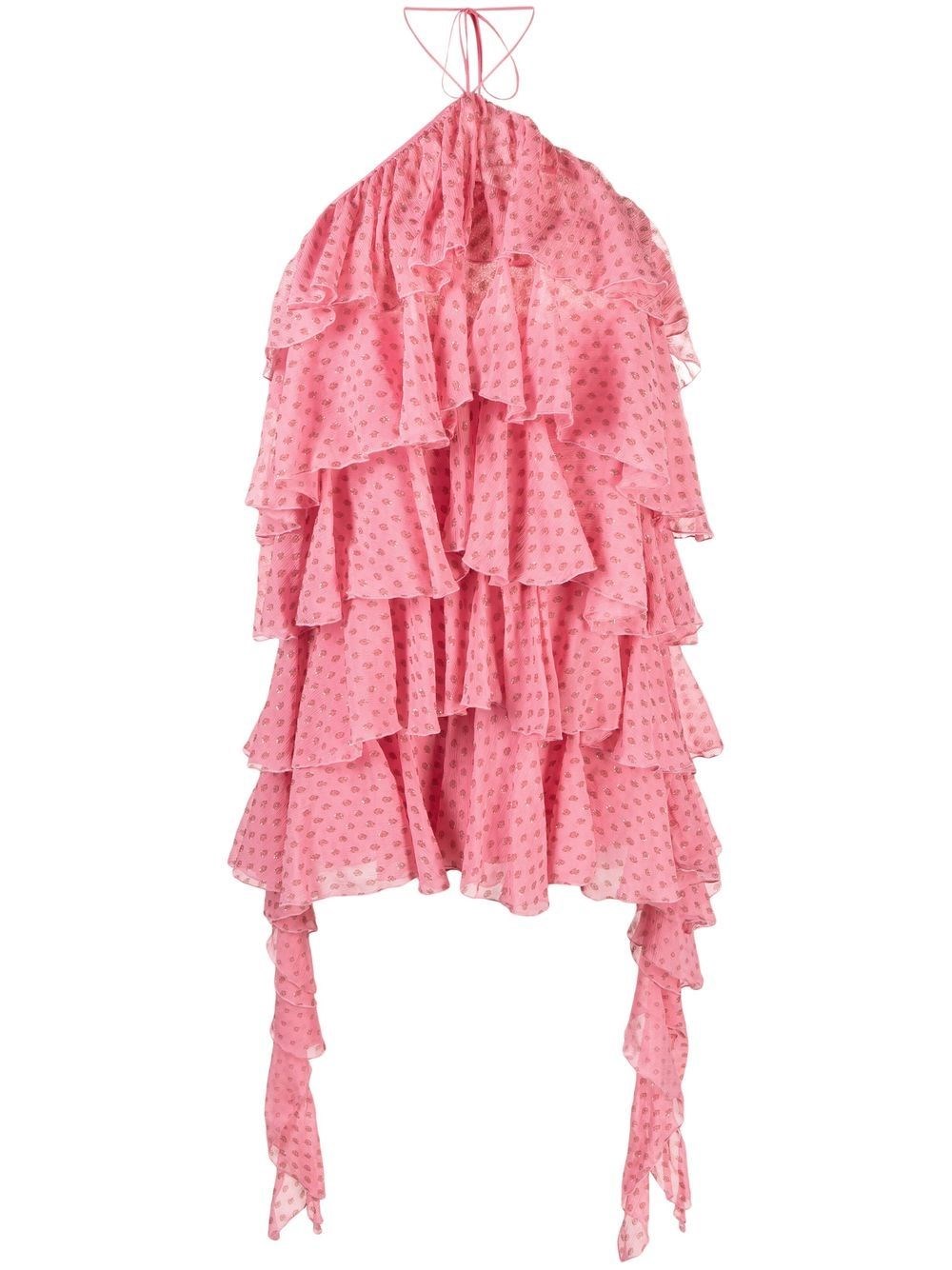Blumarine Halter Neck Ruffled Mini Dress In Rosa