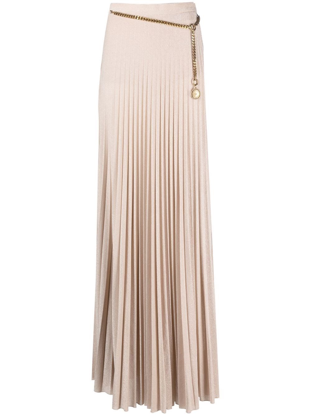 Elisabetta Franchi Pleated Long Skirt With Chain Belt In Metallic