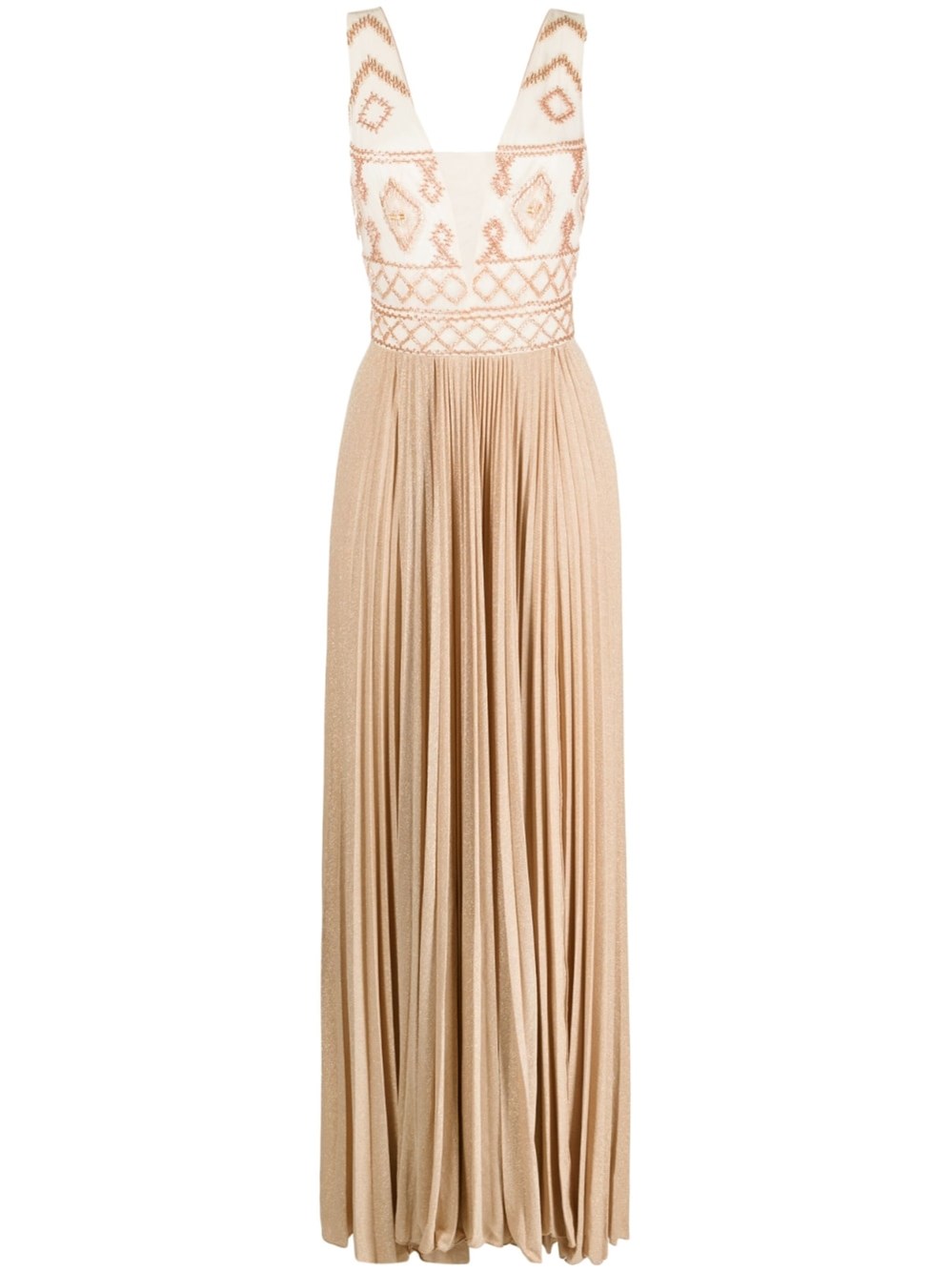 Elisabetta Franchi Red Carpet Dress With Rhombus Embroidery In Beige