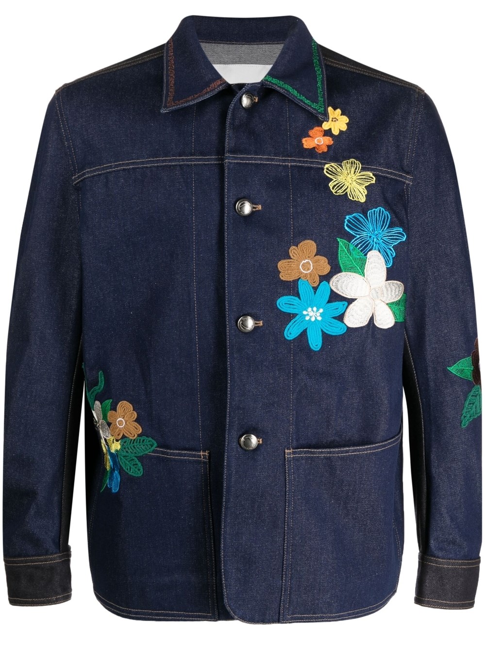 Flower Embroidery Cotton Denim Jacket In Blue