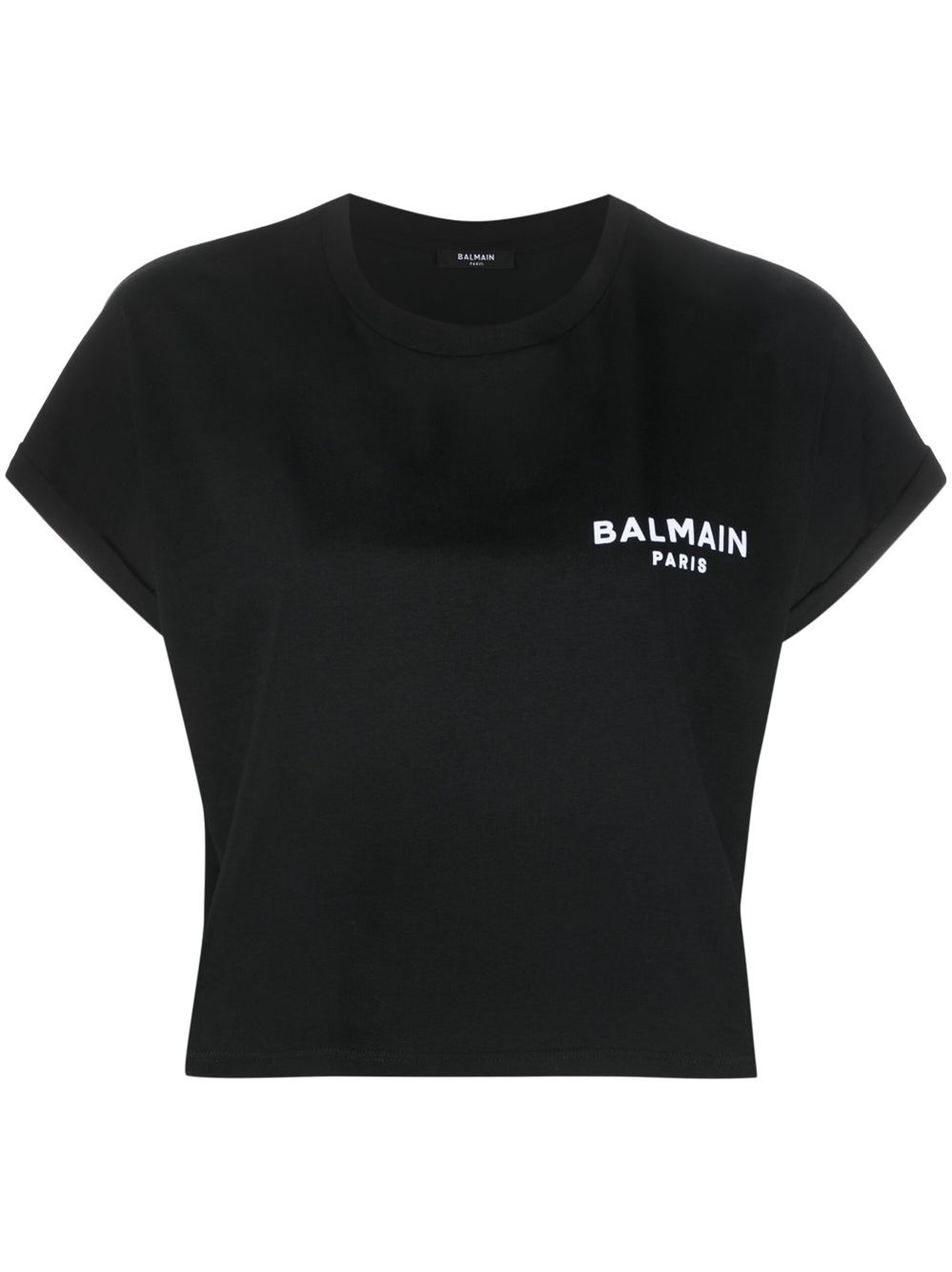 Balmain Cropped Cotton T-shirt With Small Flocked Logo In Black