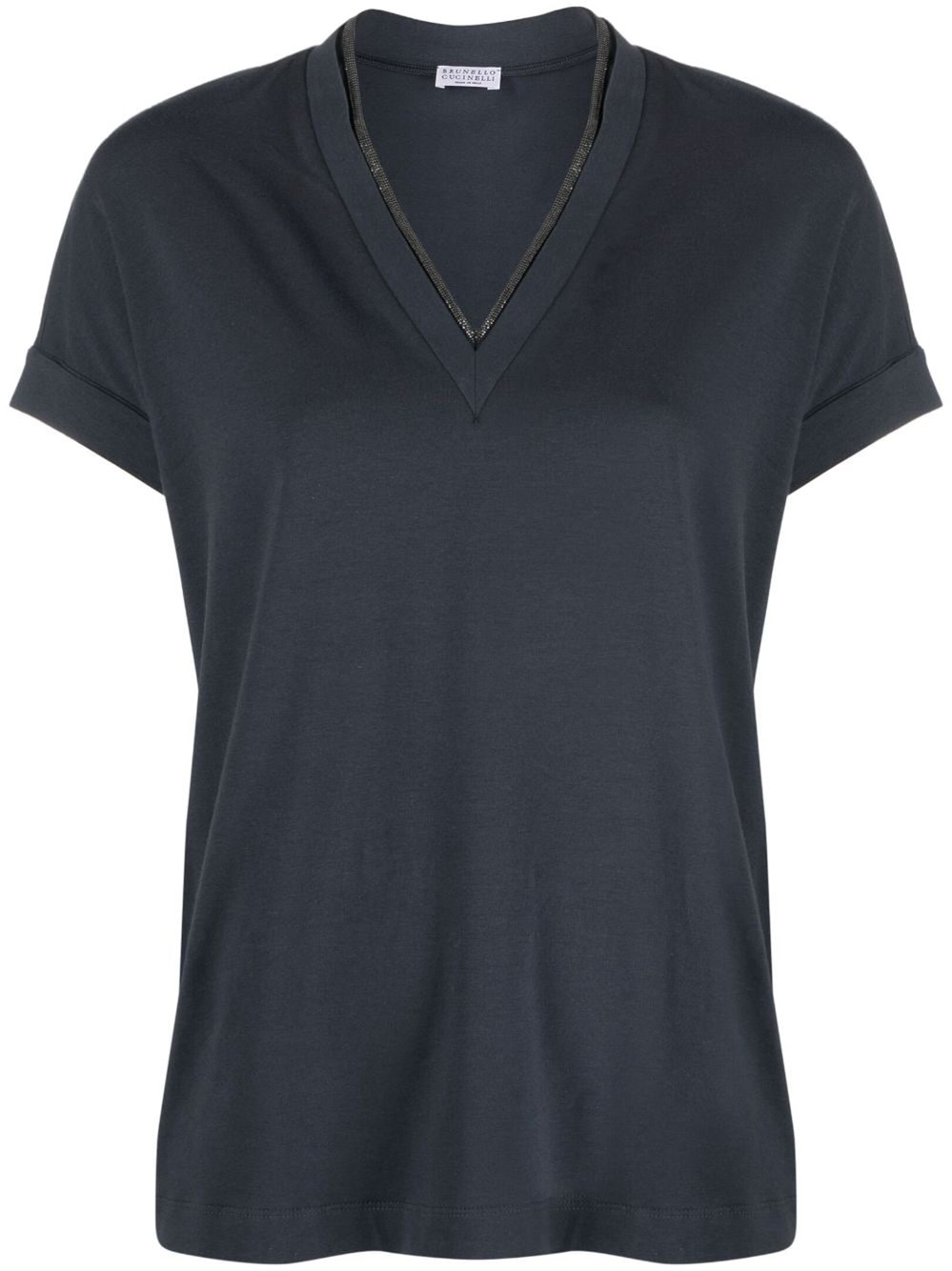 Brunello Cucinelli Short Sleeve V-neck T-shirt With Monili On The Pocket In Blue