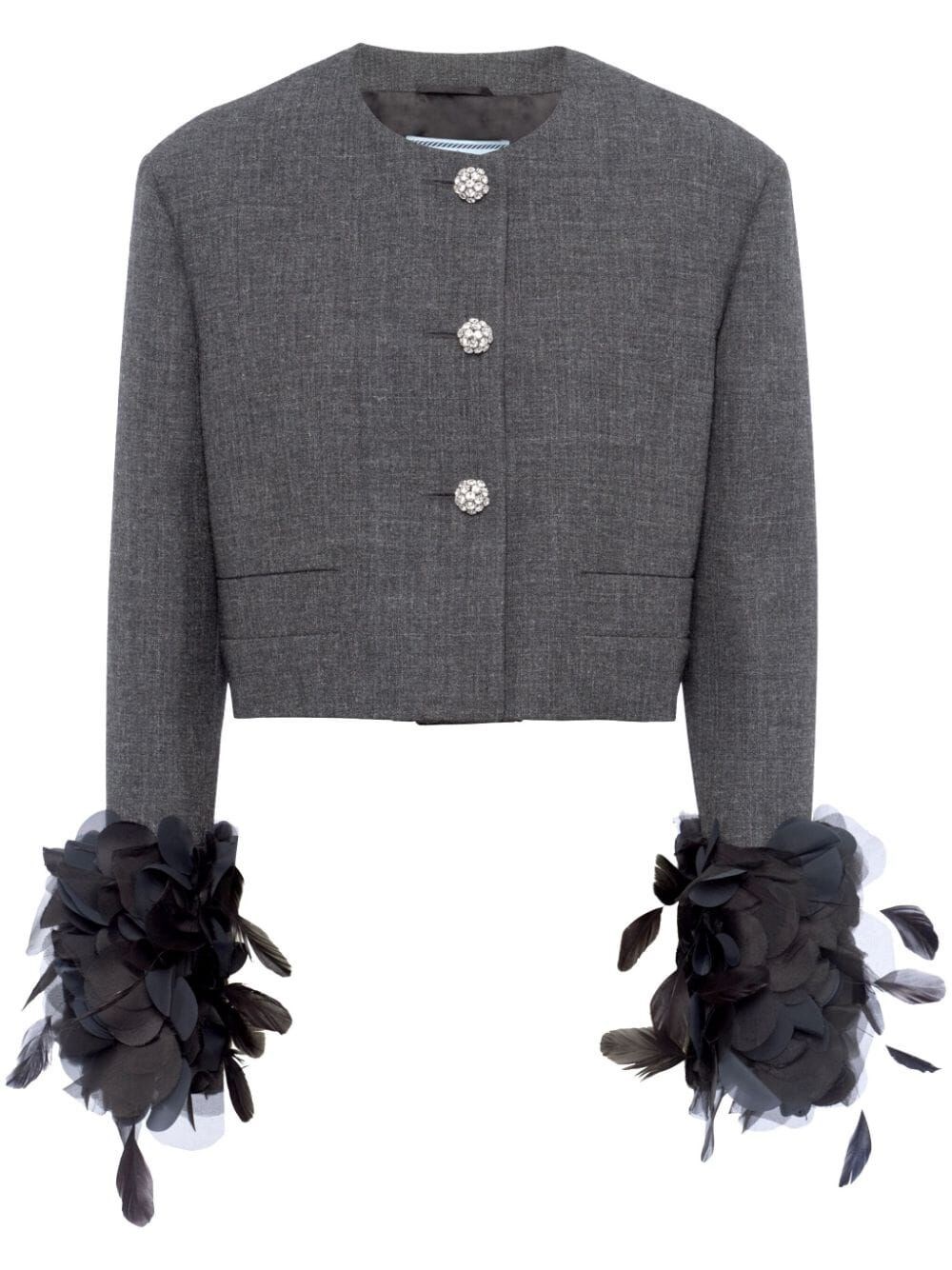 Shop Prada Cropped Jacket With Feather In Gray