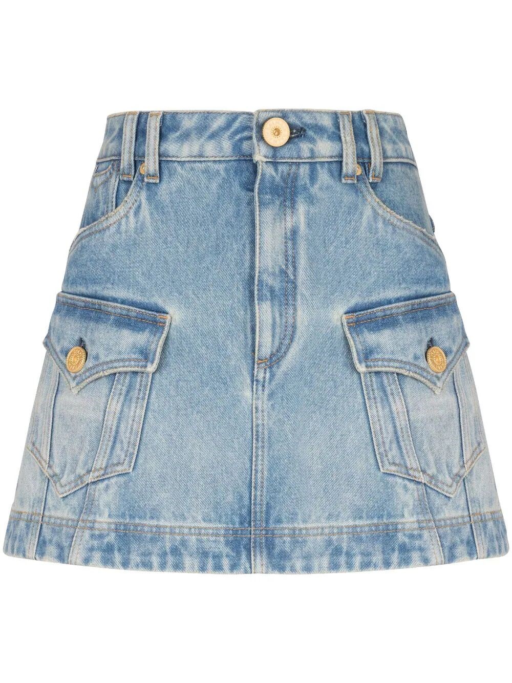 Shop Balmain 2 Pockets Denim Mini Skirt In Blue