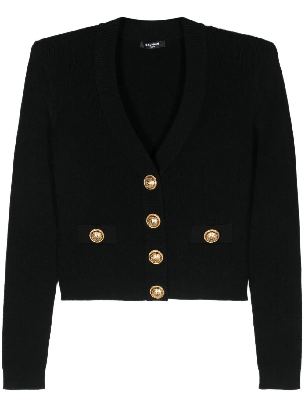 Shop Balmain Buttoned Knit Crop Cardigan In Black  