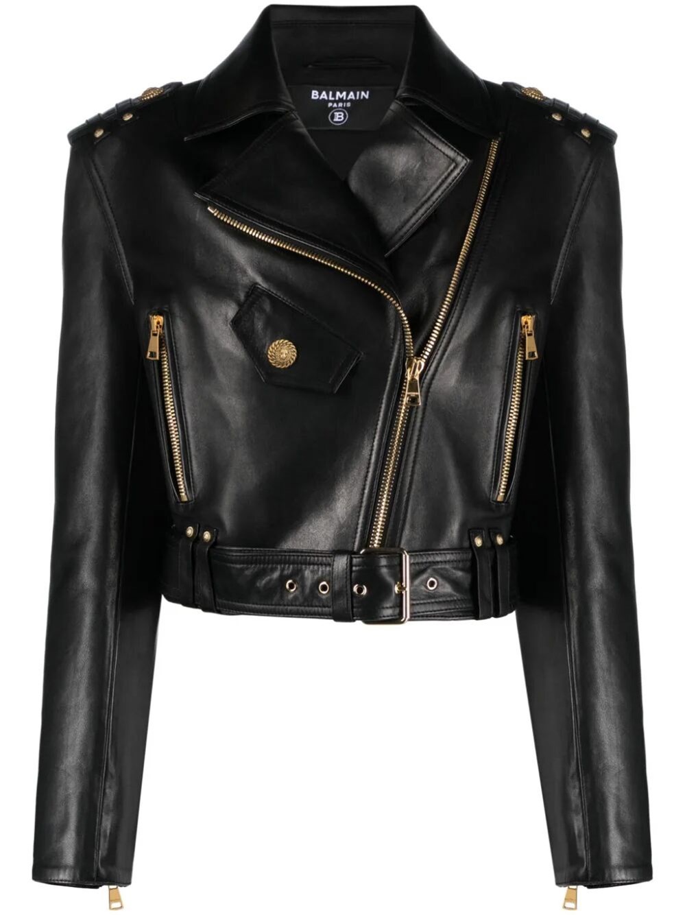 Shop Balmain Cropped Belted Leather Biker Jacket In Black  