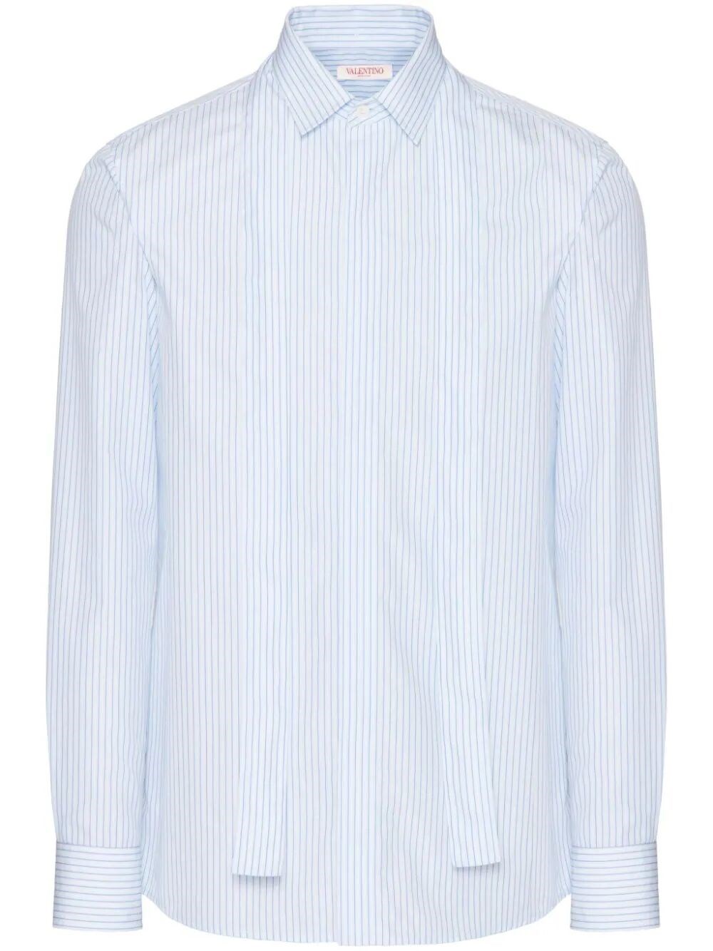 Valentino Neck-tie Striped Cotton Shirt In Blue