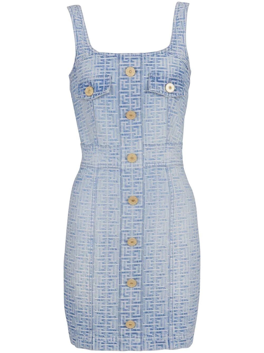 Shop Balmain `all Over Monogram` Short Denim Dress In Blue
