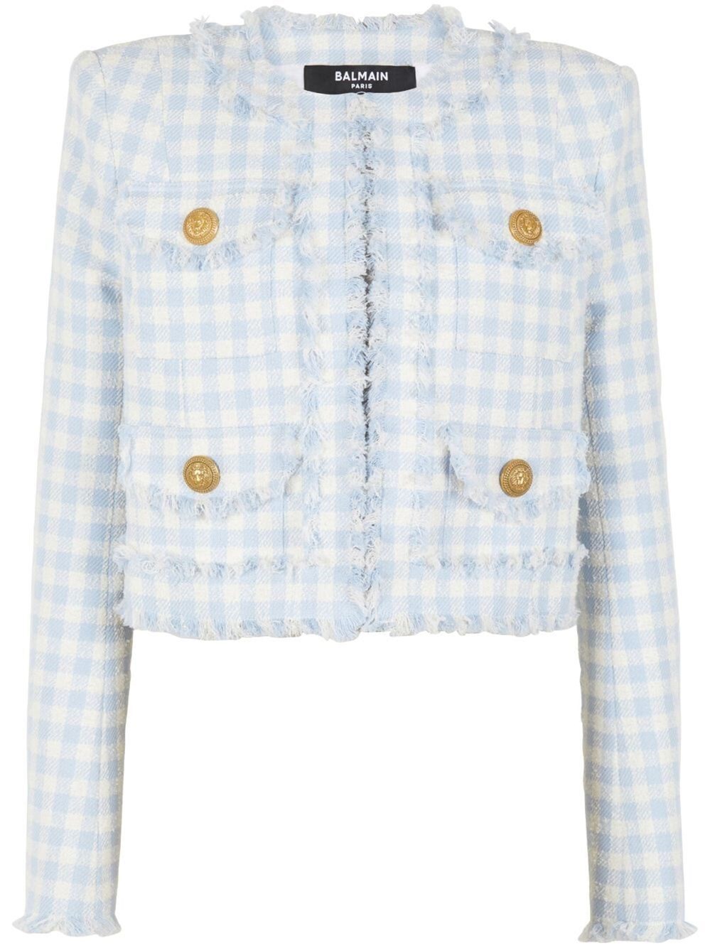 Shop Balmain Collarless 4 Pockets `vichy` Jacket In Blue