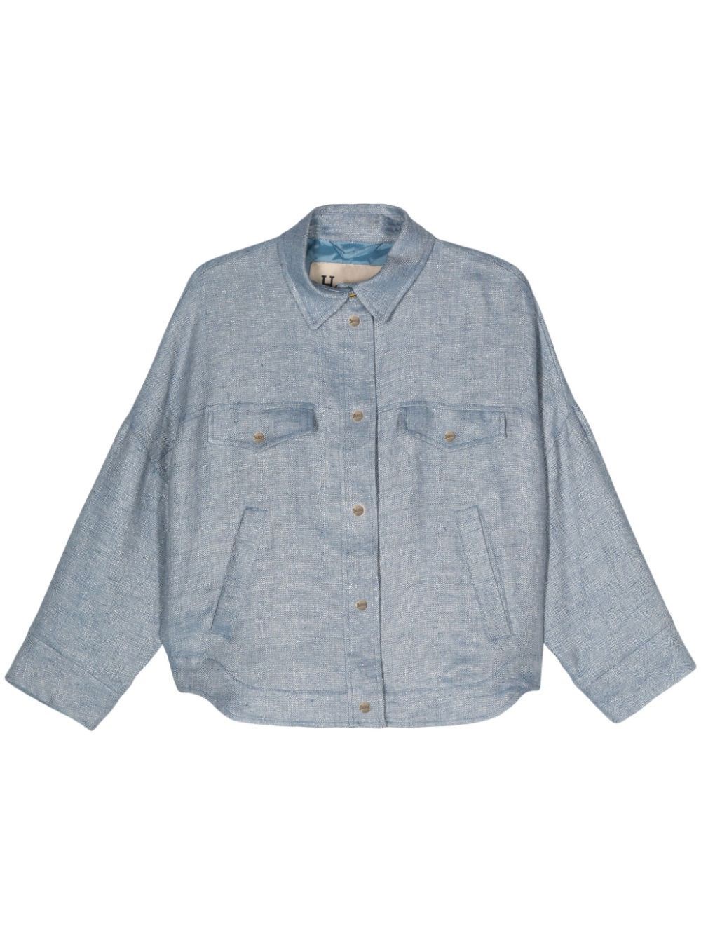 Herno Logo-engraved Buttons Herringbone Jacket In Blue
