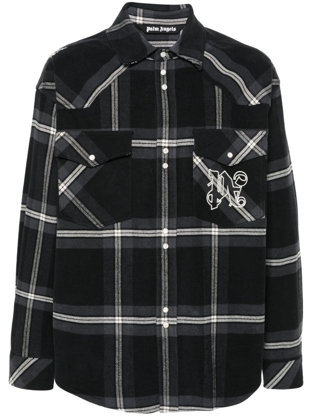 Shop Palm Angels `monogram` Check Overshirt In Gray