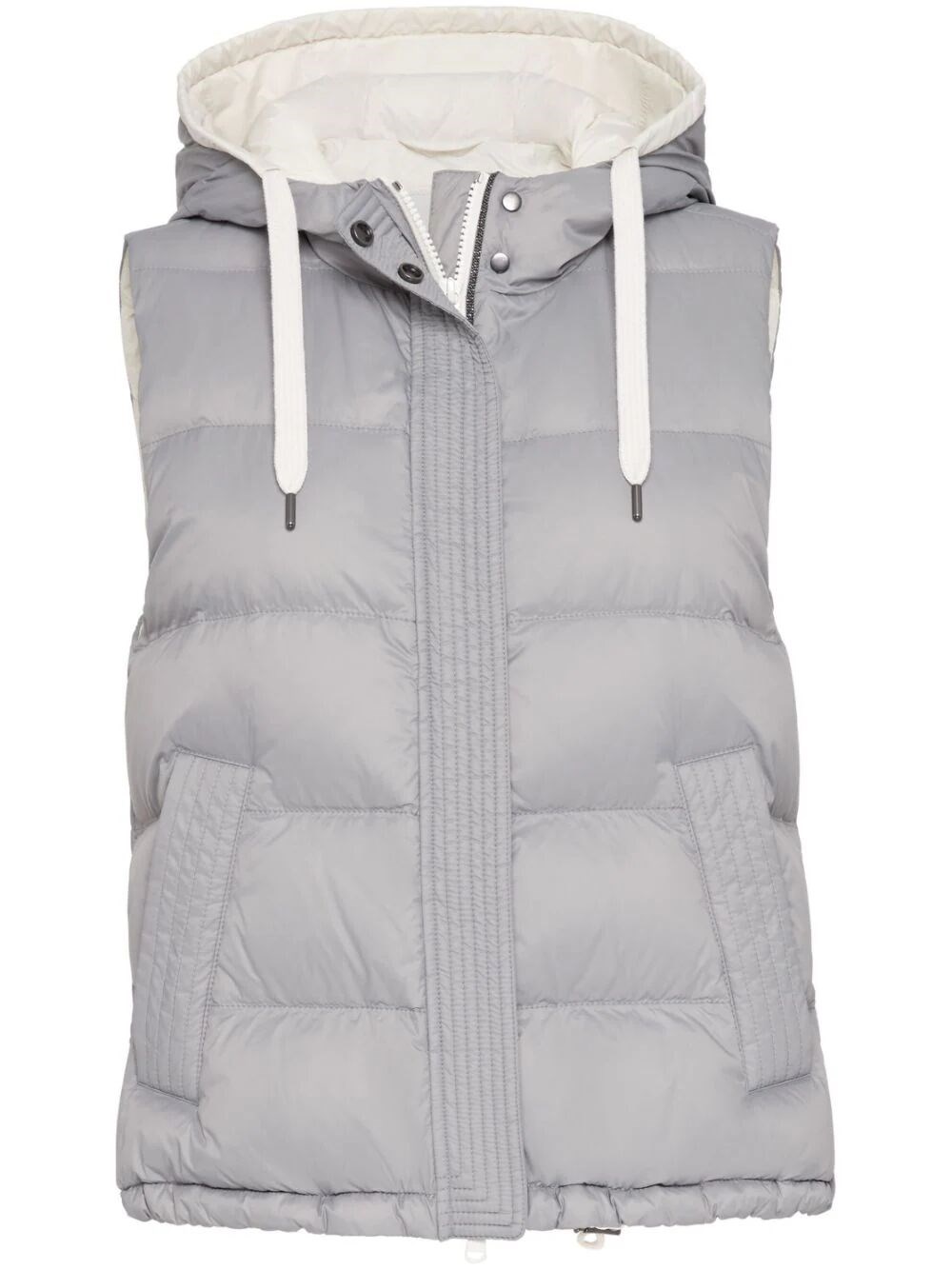 Shop Brunello Cucinelli Lightweight Padded Vest With Hood And Shiny Trim In Gray