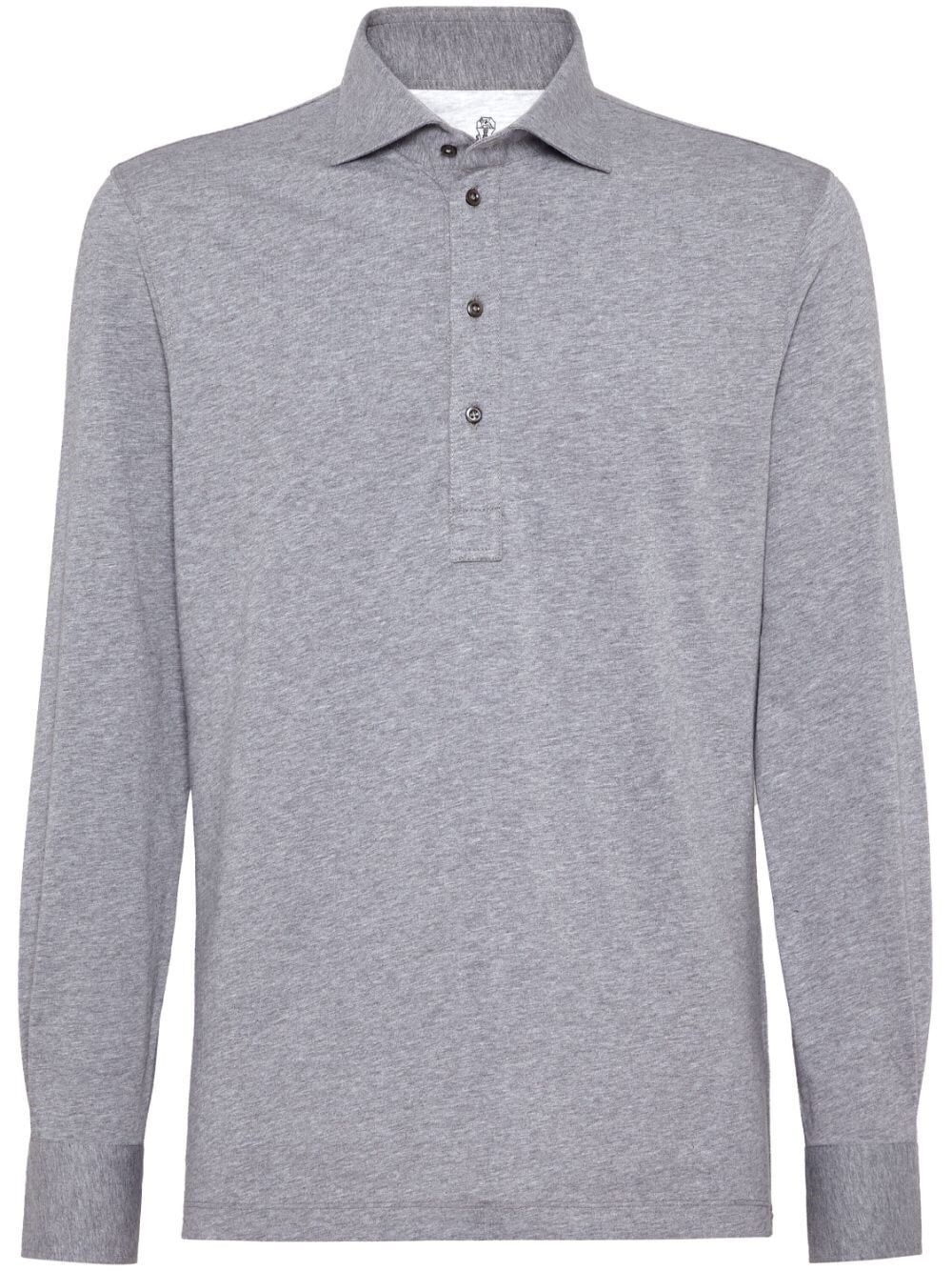 Shop Brunello Cucinelli Long Sleeve Polo With Shirt-style Collar In Gray