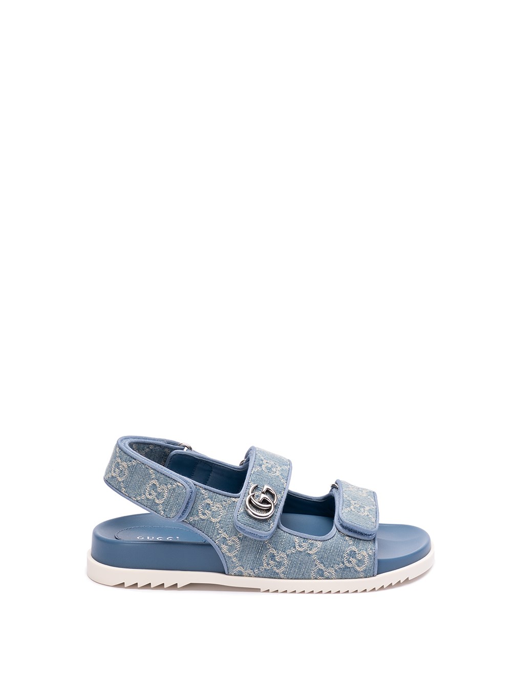Gucci Denim Sandals With Embroidered And Contrast Sole In Blue