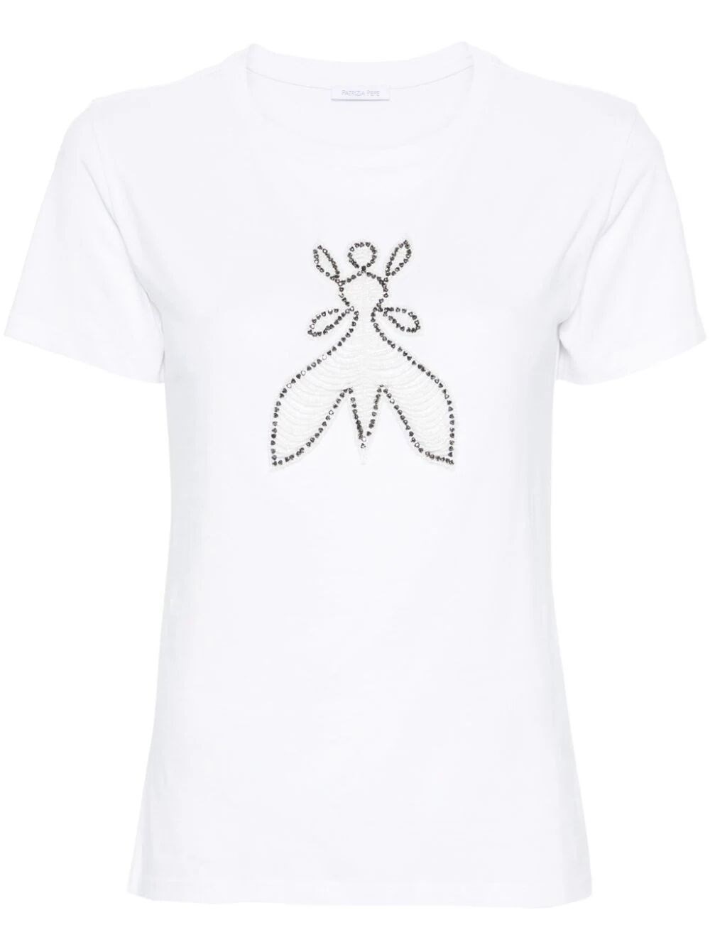 Patrizia Pepe Cotton T-shirt With Embroidery And Rhinestones In White