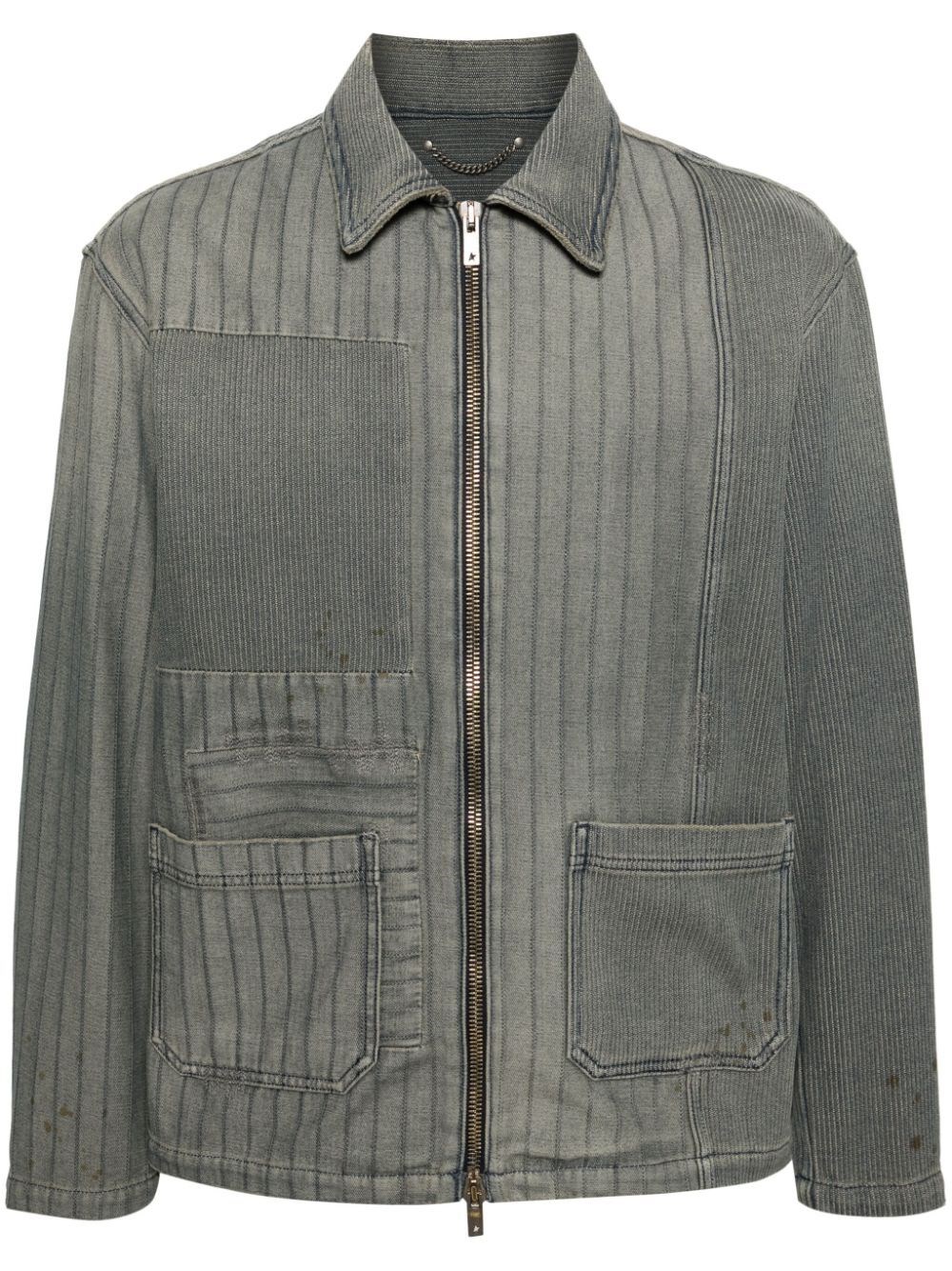Shop Golden Goose `journey` Full-zip Denim Jacket With Patched Stripes In Gray