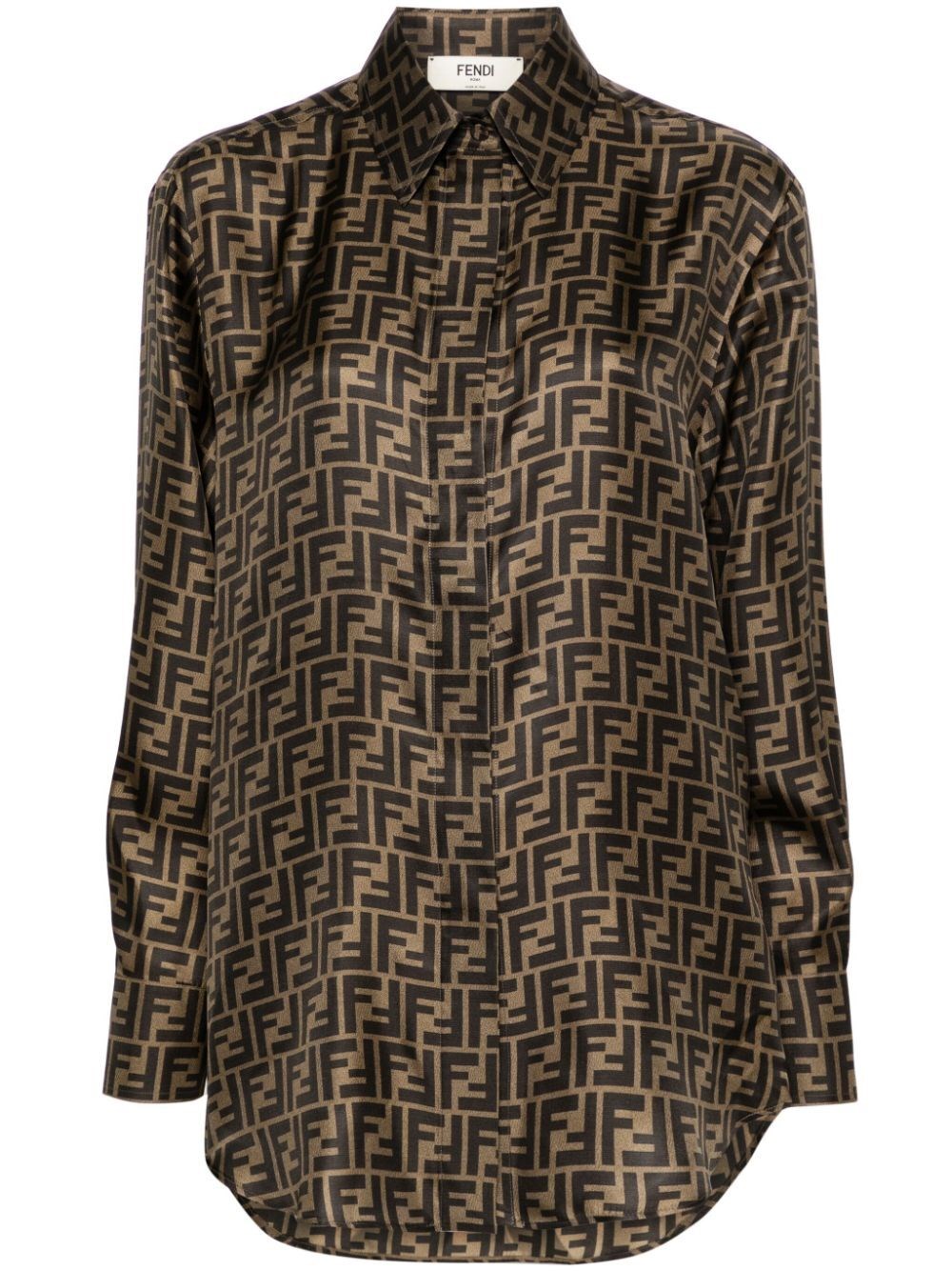 Fendi Silk Shirt With Curved Hem And Fabric-covered Buttons In Green