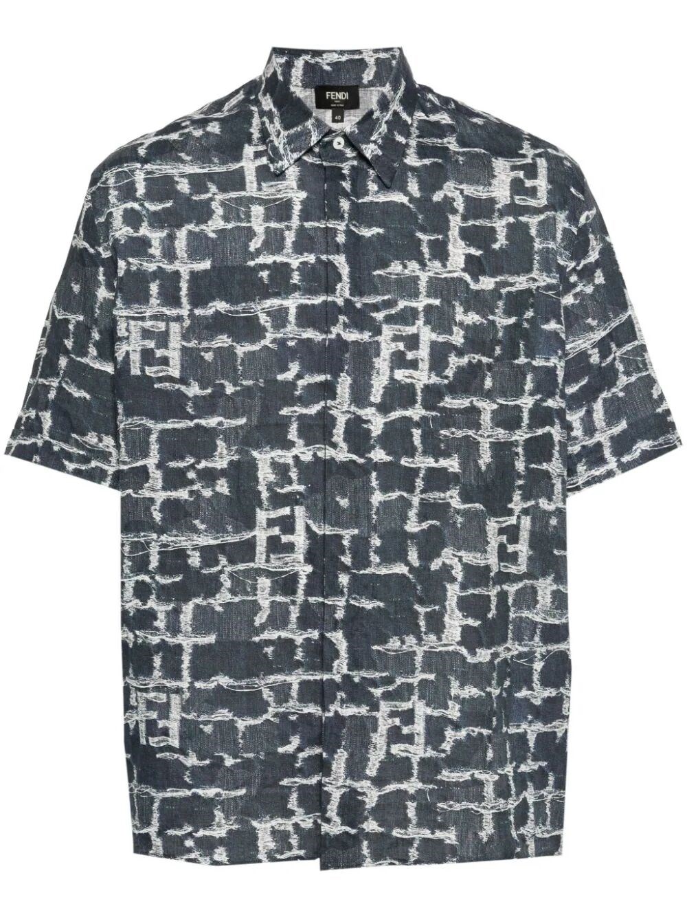 Shop Fendi `ff Frayed Print` Short Sleeve Shirt In Blue