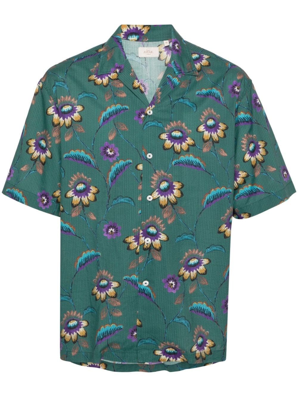 Shop Altea `bart` Flower Print Short Sleeve Shirt In Green