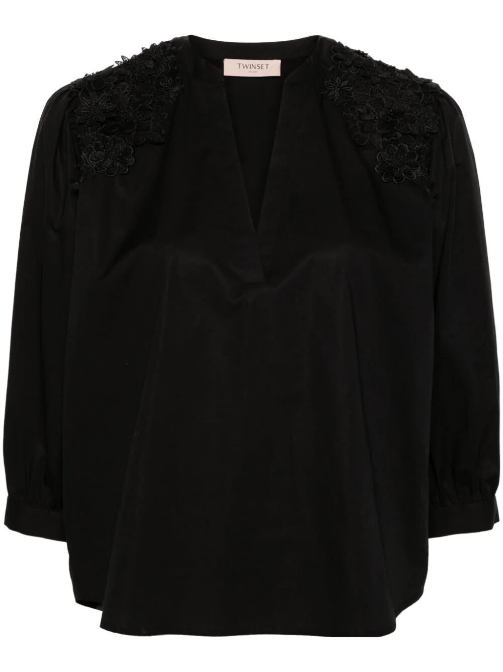 Twinset V-neck Blouse With `3d Flowers` Embroidery In Black  