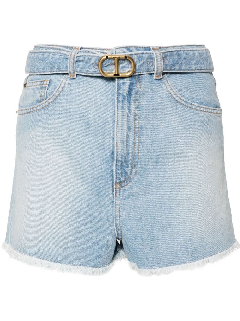 Shop Twinset Denim Shorts With Belt In Blue