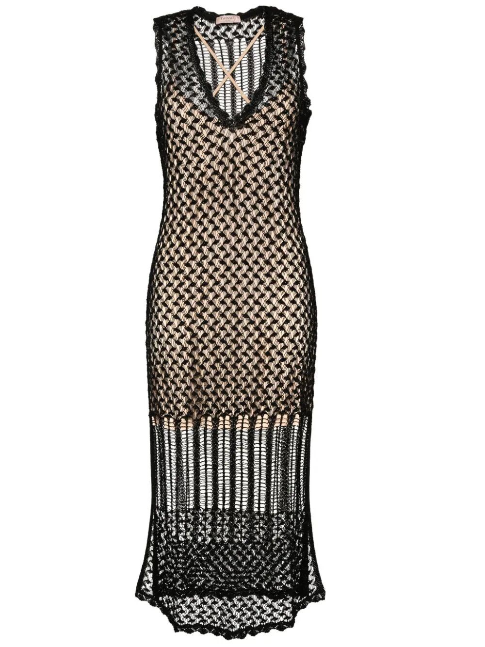 Twinset Open-knit Midi Dress In Black  