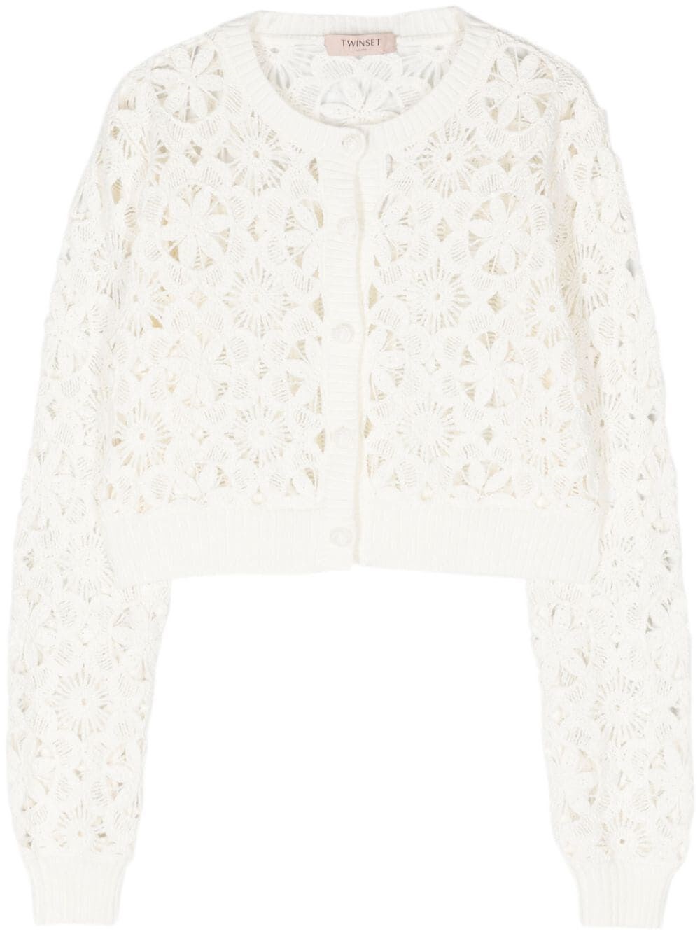 Twinset Cropped Floral Open-knit Cardigan In Beige