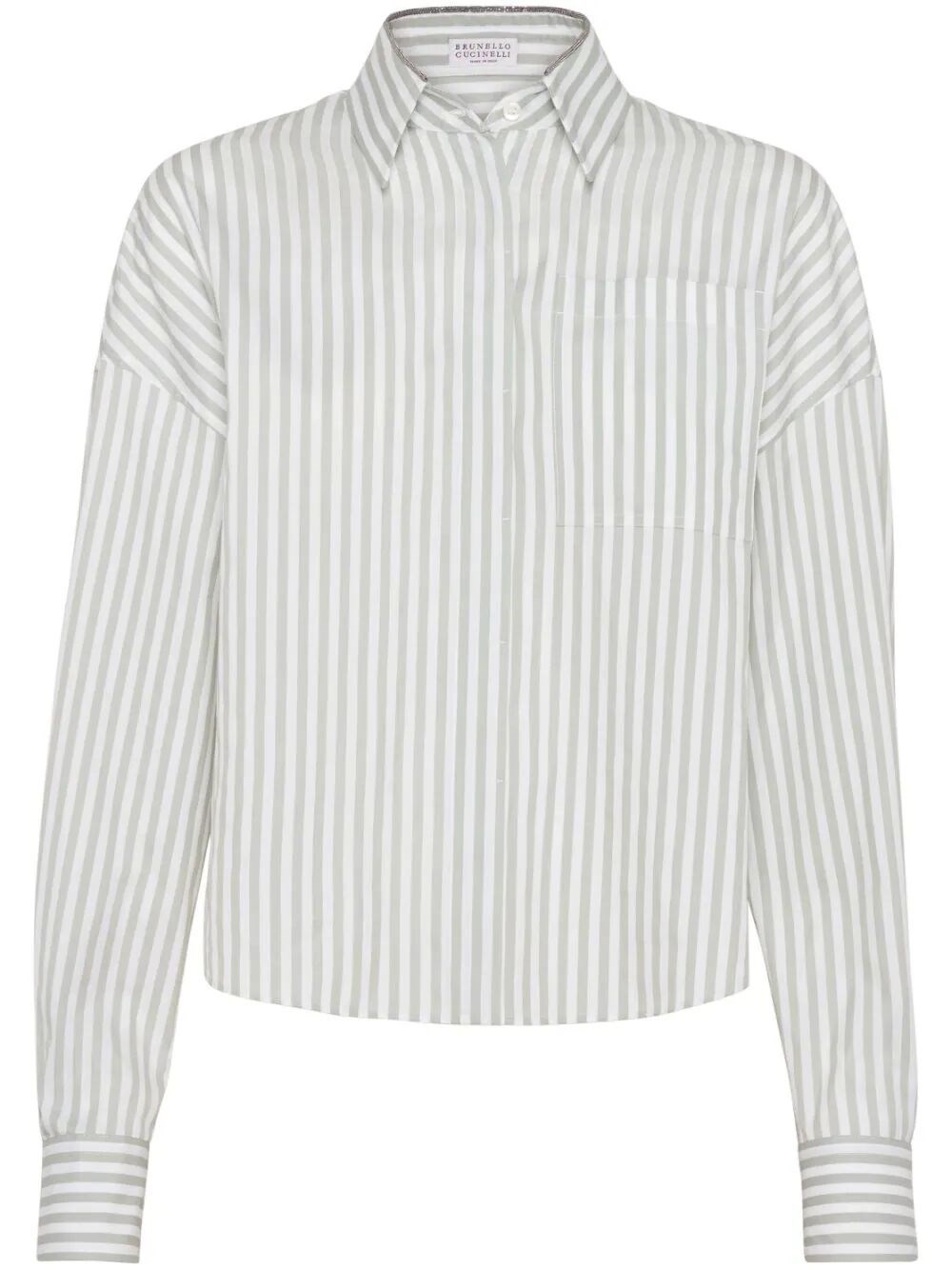 Brunello Cucinelli Women's Cotton And Silk Striped Poplin Shirt With Shiny Collar In White