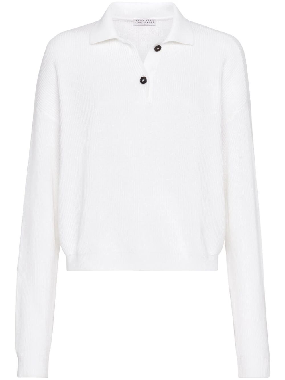 Brunello Cucinelli Women's Cotton English Rib Polo Style Sweater With Monili In White