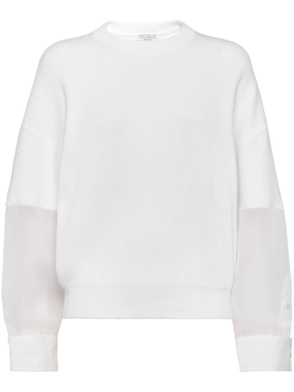 Shop Brunello Cucinelli English Rib Knit Sweater With Organza Sleeves In White