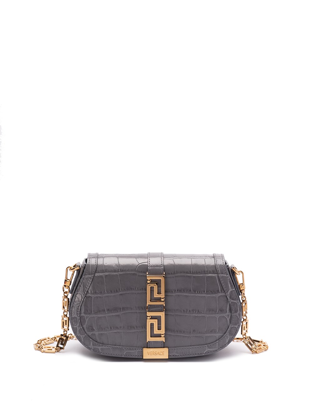 Shop Versace `croc-effect Greca Goddess` Shoulder Bag In Gray