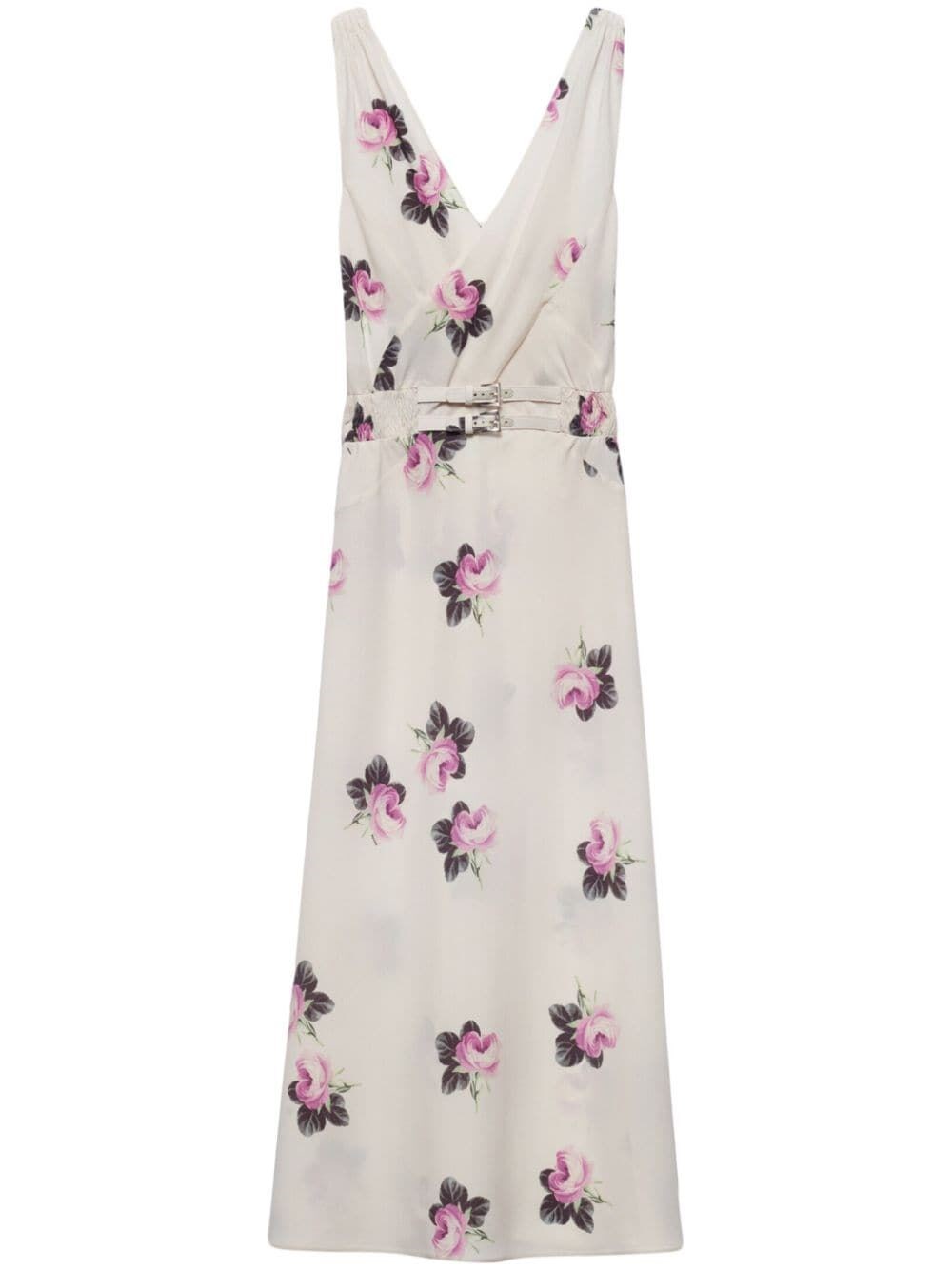 Prada Waist Belted Sleeveless V-neck Floral Backless In Beige