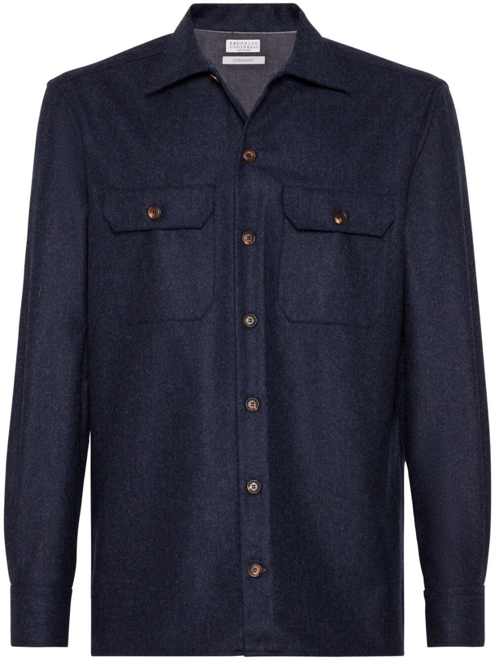Brunello Cucinelli Virgin Wool Flannel Overshirt With Pockets In Blue