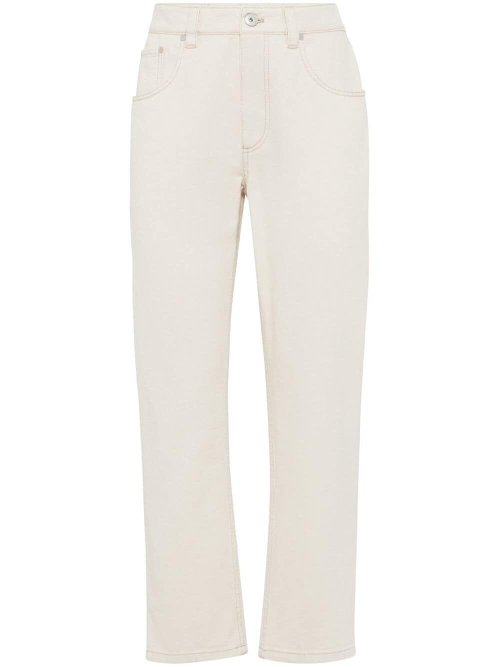 Shop Brunello Cucinelli Denim Straight Pants With Shiny Bartack In Beige