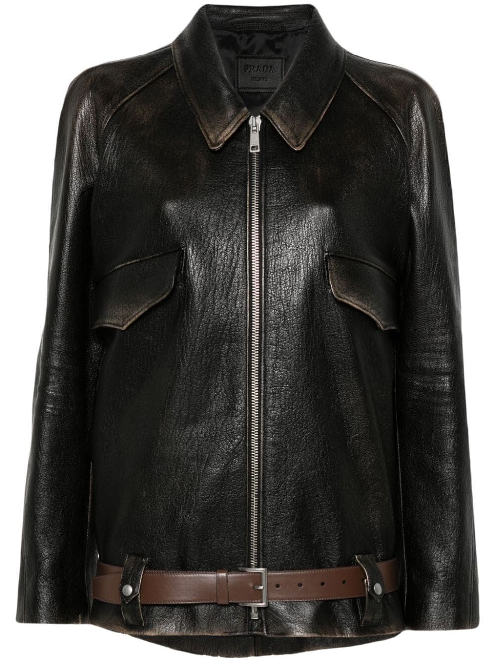 Shop Prada Leather Jacket In Black  