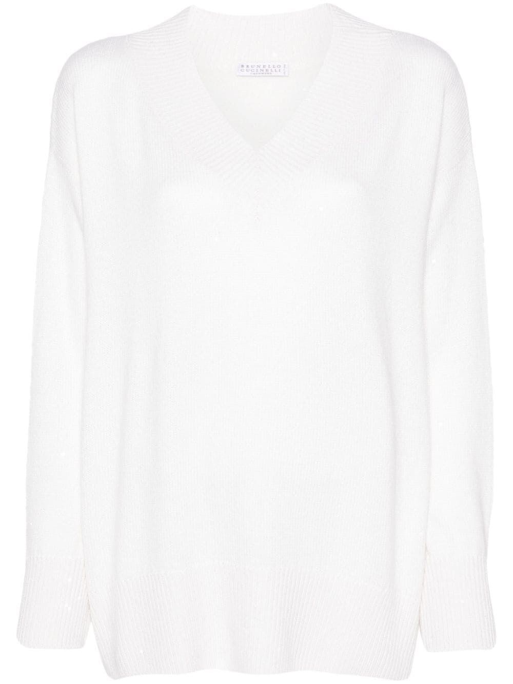 Shop Brunello Cucinelli Long Sleeve V-neck Sweater In White